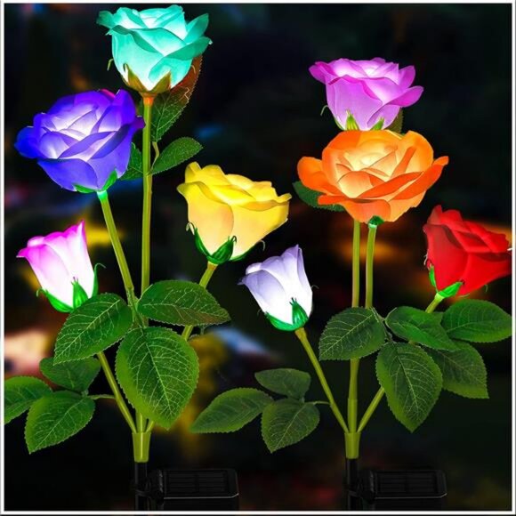 7-Color Changing Rose Lights for Yard Garden Decoration, Enlarged Solar Panel - Picture 1 of 7